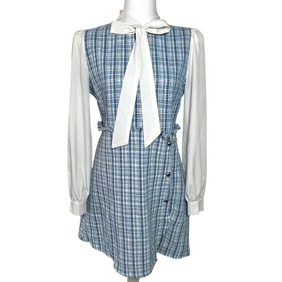 90s Clueless Preppy Style Blue Plaid Tweed Lady Dress Coquette Academia MEDIUM - Picture 8 of 10